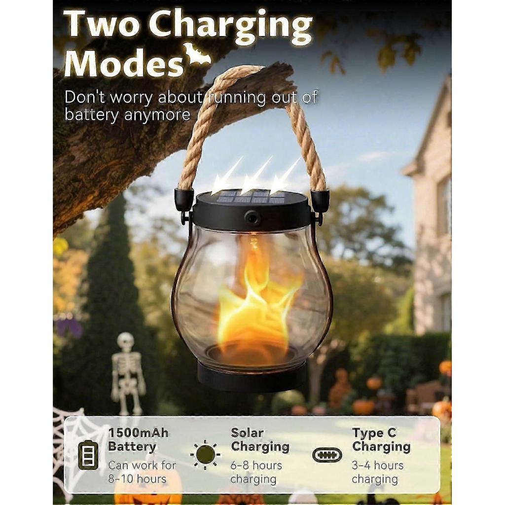 Solar Lantern Outdoor Lights, Dancing Flame Solar Lantern Outdoor Lights, Hemp Rope Hanging Flame Lamp, for Camping Pathway Garden Yard Decoror