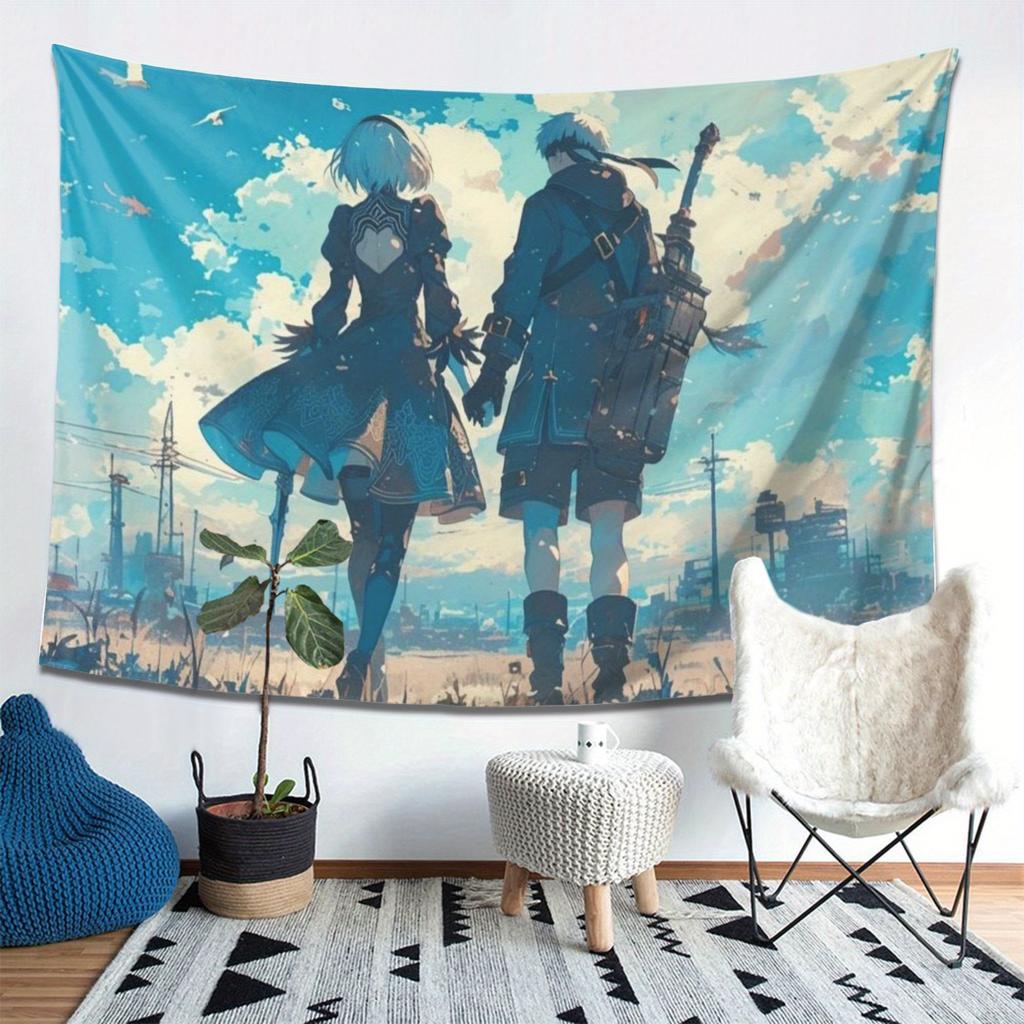 Anime Adventure Tapestry  Celebrating Future Romance with Detail Characters and City Landscapes  Perfect for Home Decoration