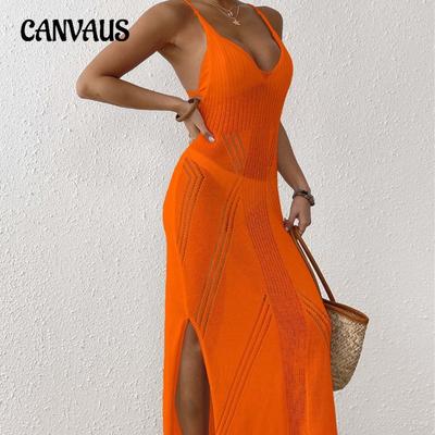 Damen Sommerurlaub Strandkleid mit Schlitz schmale Träger langes Kleid