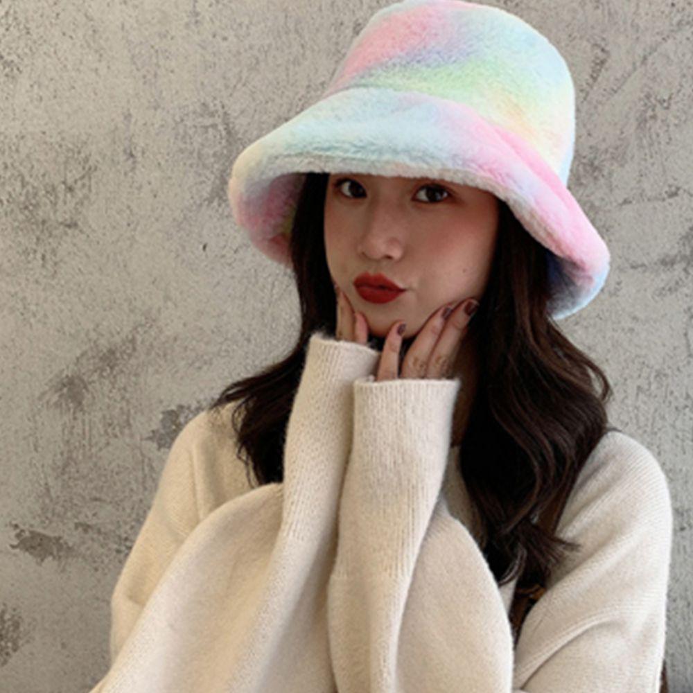 Rainbow Tie Dye Korean Style Cap Women Fisherman Hat Autumn Winter Hat Faux Fur Bucket Hat