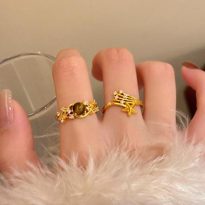 Vintage Maillard Style Zircon Fireworks Star Opening Ring Niche Index Finger Ring Exquisite Jewelry
