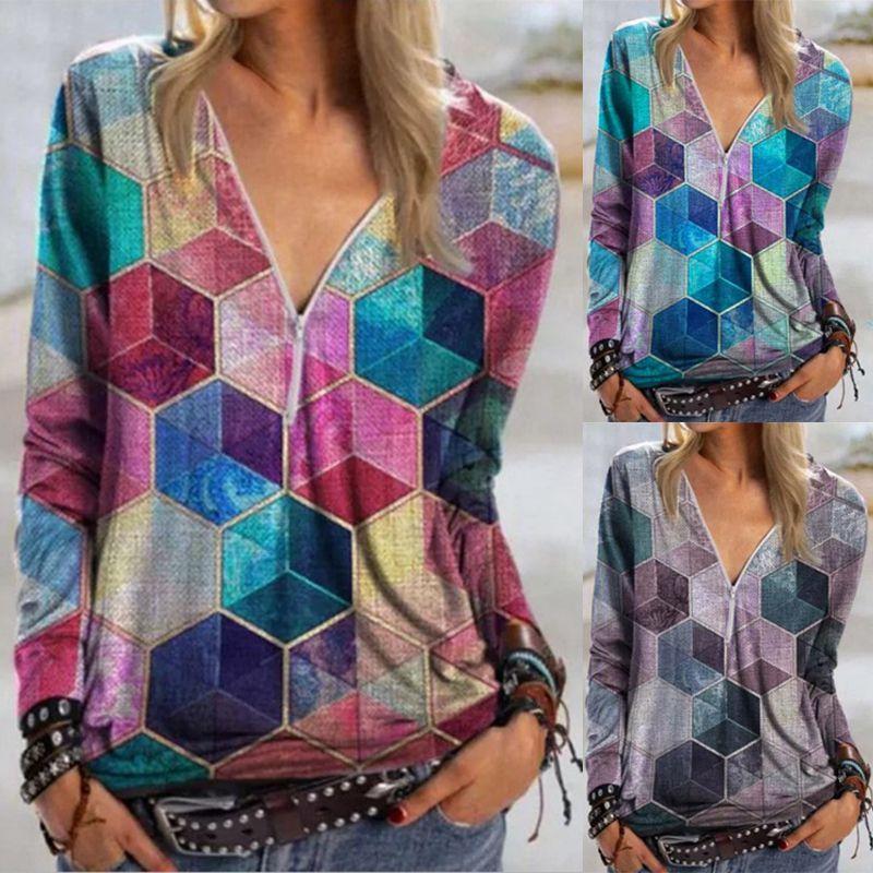 Womens V Neck Zipper Blouse Shirt Ladies Print Pullover Casual Jumper Tops Boho