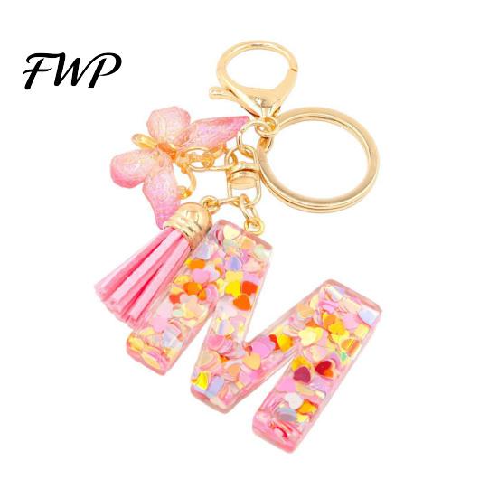 Initial Letter Charm Keychain Pink Series Pendant, Sequins Heart Key Chain with Holder Pendant Butterfly Tassel Design, A-Z for Bag Purse Backpack