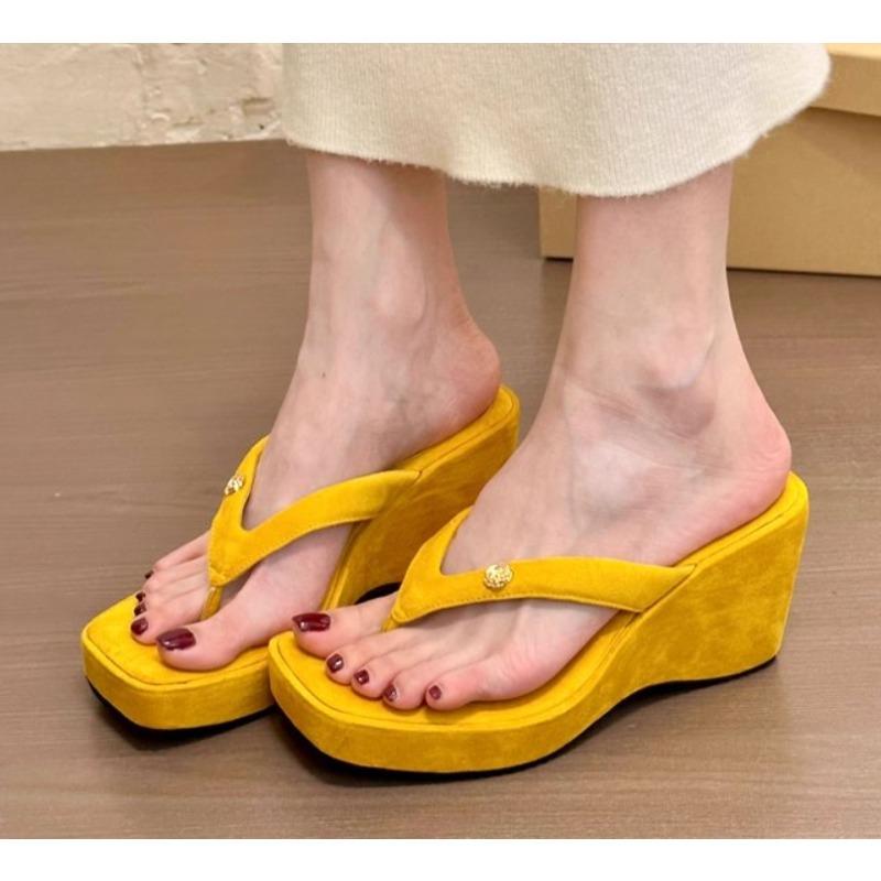 Fashion Summer New Brand Women Slipper Fashion High Wedge Heel Ladies Elegant Slides Square Toe Slip on Dress Flip Flop Zapatos Mujer