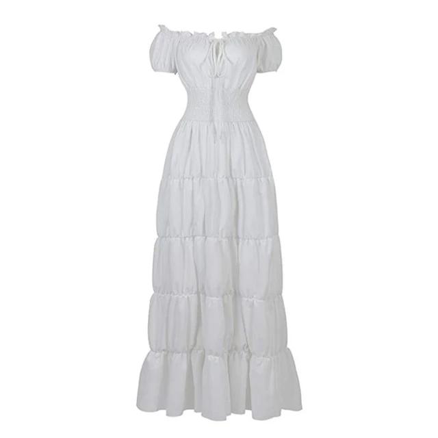 Elegant Medieval Renaissance Dress Boho Short Sleeves Off Shoulder Smocked Waist Retro Pleated Long Dress Costume Gown