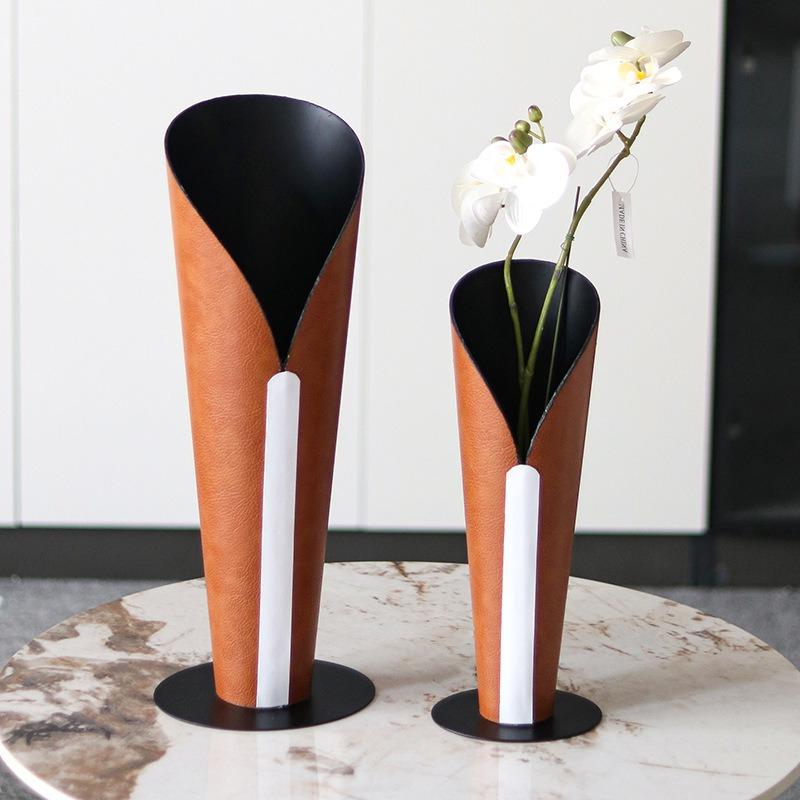 Creative Leather Abstract Torch-shaped Vase Open-mouthed Flower Pot Flower Arrangement Accessories Stainless Steel Flower Vase