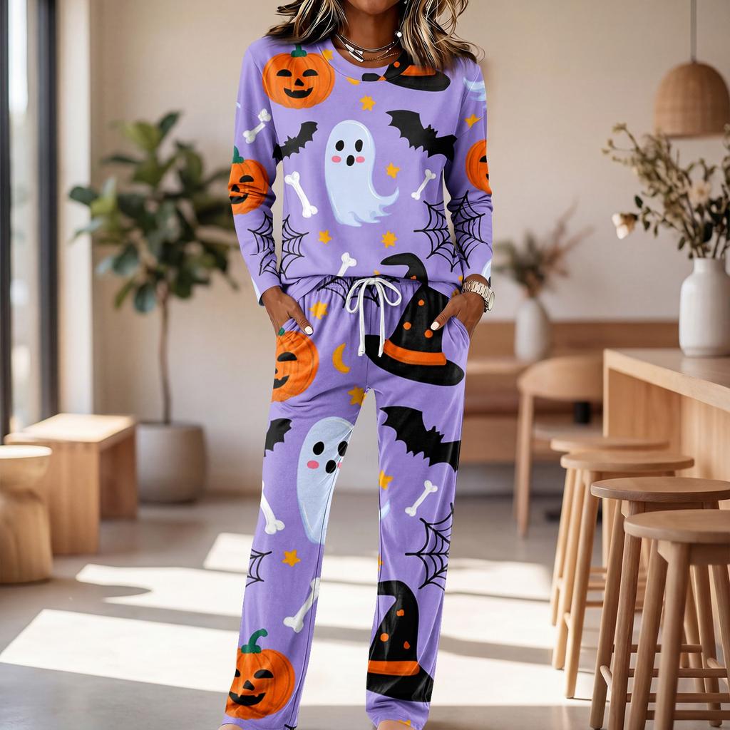 Set Pigiama Casual da Donna con Manica Lunga, Girocollo e Coulisse sui Pantaloni a Gamba Larga per Dormire e