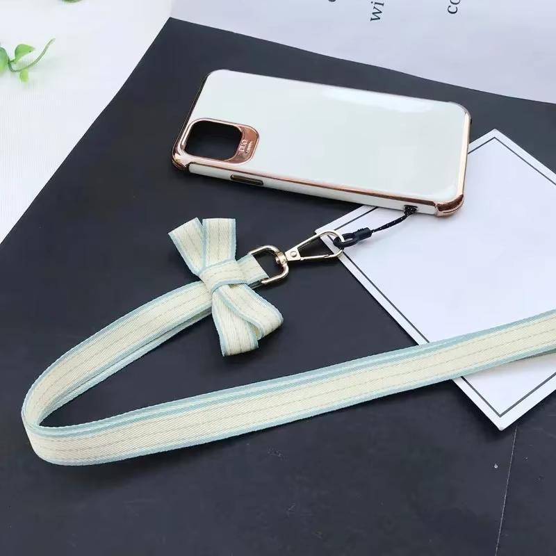 Chic Casual Striped Bow Girl Mobile Phone Lanyard Portable Mini Fan Camera Key Neck Strap Office Work ID Card Holder Rope