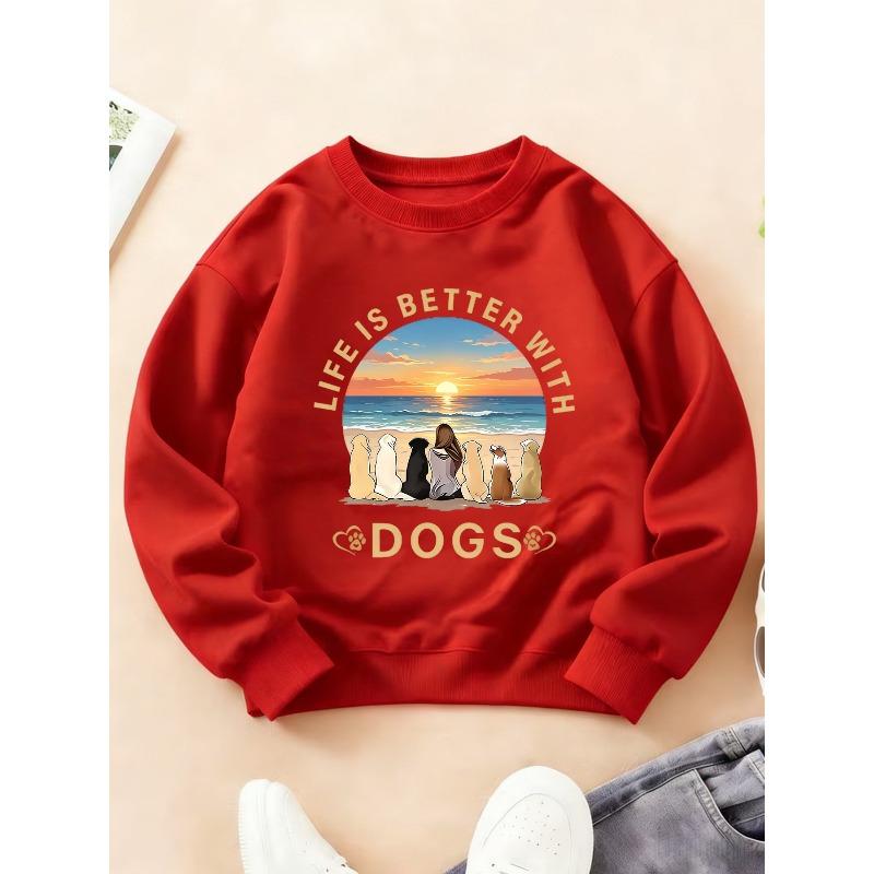 Round Neck Sweatshirt, Fashion Long Sleeve, Beach Sunset Pet Style Print, Suitable for Autumn/Winter Sports, Casual, Fashion Sweatshirt