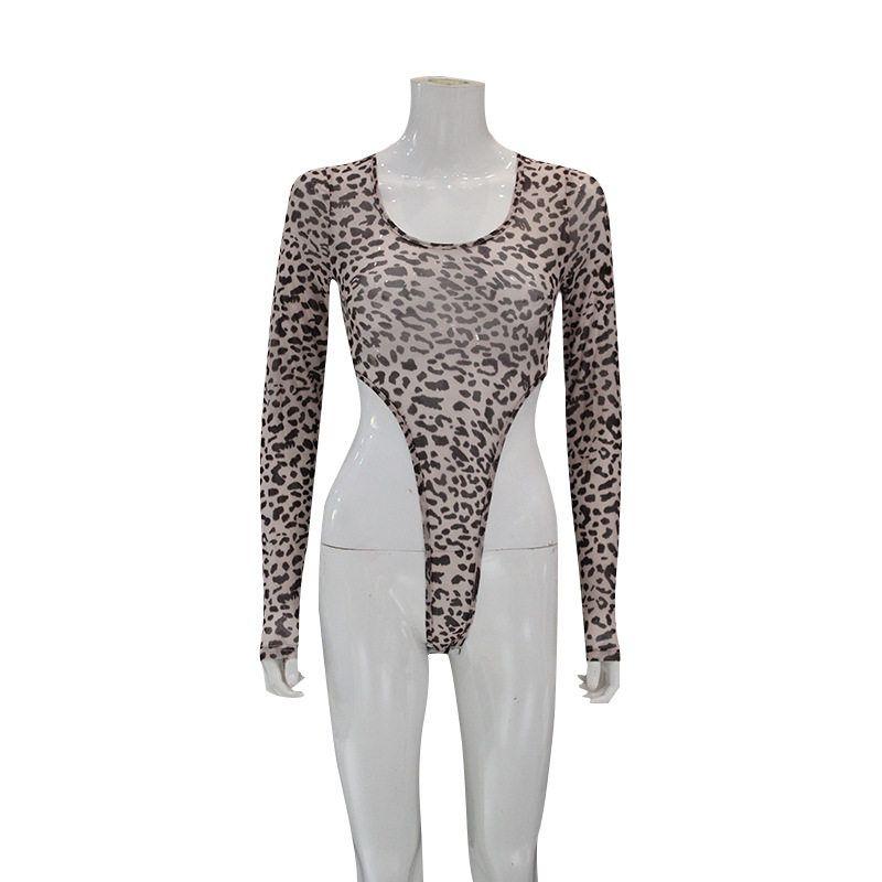 

Amazon European and American Women s Clothing Sexy Mesh Leopard Print Tight-Fitting Long-Sleeve Bodysuit High-Waisted Hot Girl Top Short Style Leopard Print [Ready in Stock] S