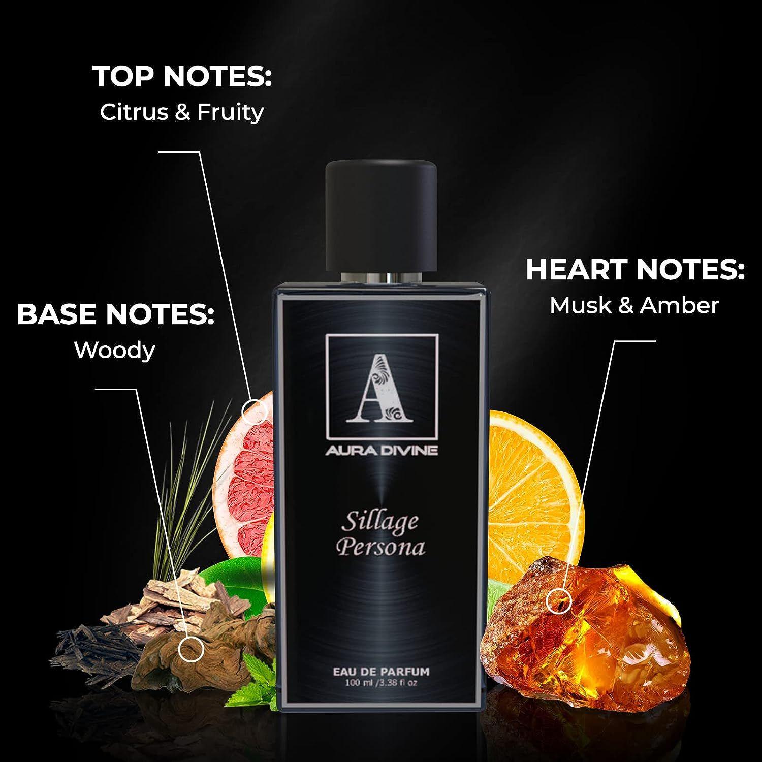 

Aura Divine Sillage Persona EDP Вечнозеленый парфюм премиум-класса в подарок для мужчин и женщин|Парфюмерная вода| Амбра, мускус, древесный сильный летний аромат - 100 мл