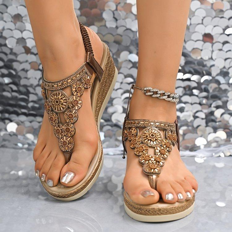 Fashion 2025 New Women's Thick Platform Wedge Sandals Fashion Trend Diamond Leisure Leather Sandals Bohemian Style Bohemian Roman Shoes