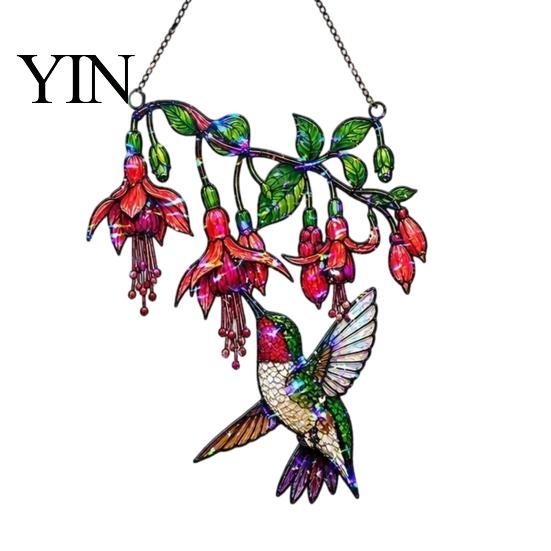Durable Waterproof Wall Art Hummingbird Window Hanging Pendant, Acrylic Stained Glass Style Suncatcher for Home Transparent Craft Garden Balcony