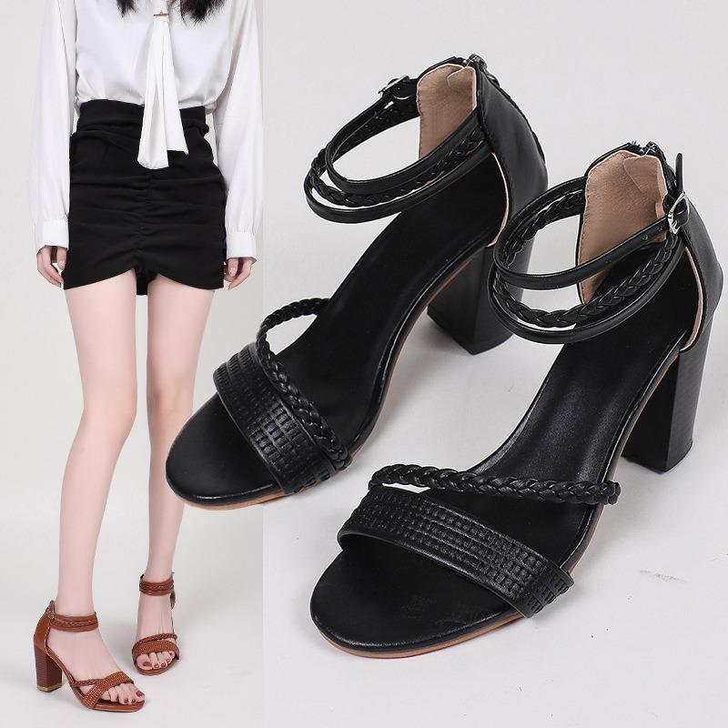 Large Size Sandals Women Casual Chunky Heel Shoes One Strap Back Zipper High Heel Roman Ladies Sandals