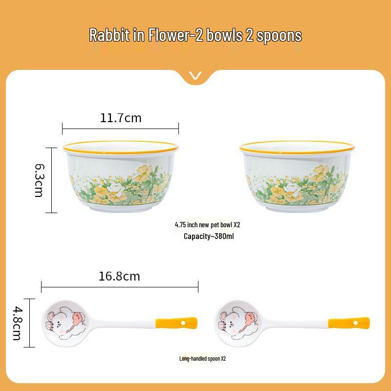 

High-Value Ceramic Dessert & Rice Bowl Set with Spoon - Kids Large Capacity Fresh Design