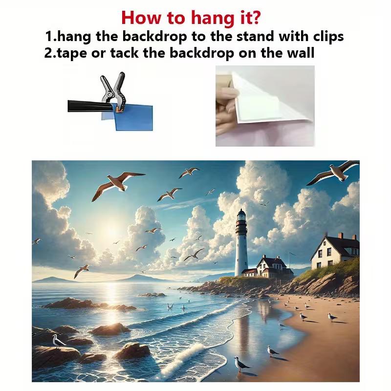 2D Coastal Seaside Backdrop, Lighthouse & Seagull Background for Summer Party Decor