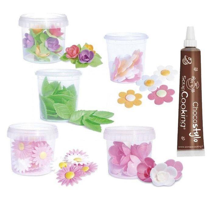 Coffret décors azyme feuilles et fleurs + 1 Stylo chocolat