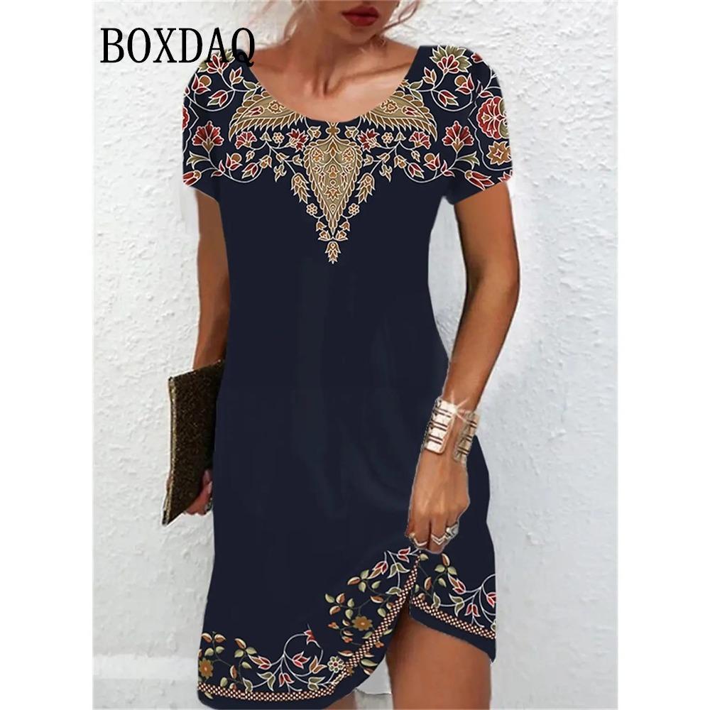 2026 Spring and Summer New Women s Retro Short-sleeved Mini Dress Ethnic Style Printed O-neck Casual Loose Retro Dress S