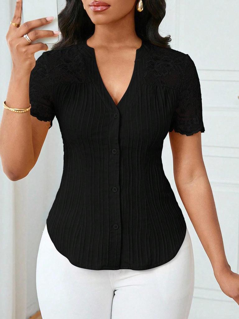 Women's Summer V-neck Embroidered Hollow Short-sleeve Shirt