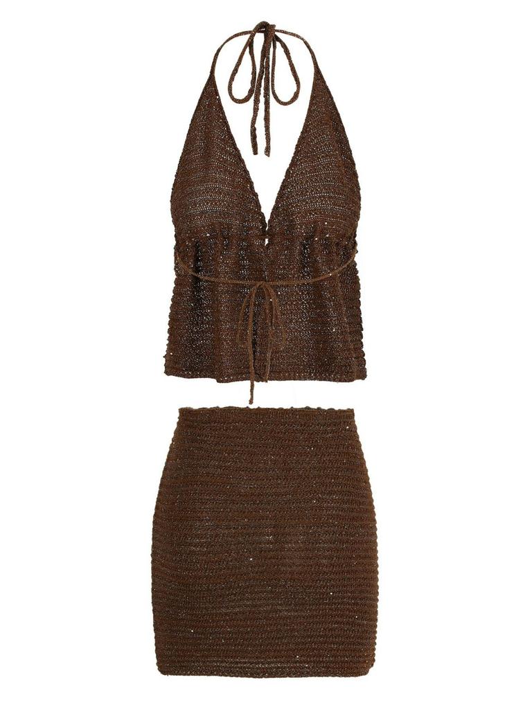 Women Knit Beach Set Sexy Wrap Backless Lace-up Sleeveless Top Mini Skirt 2-piece 2025 Chic Summer Outfit Swimwear Cover Up K153