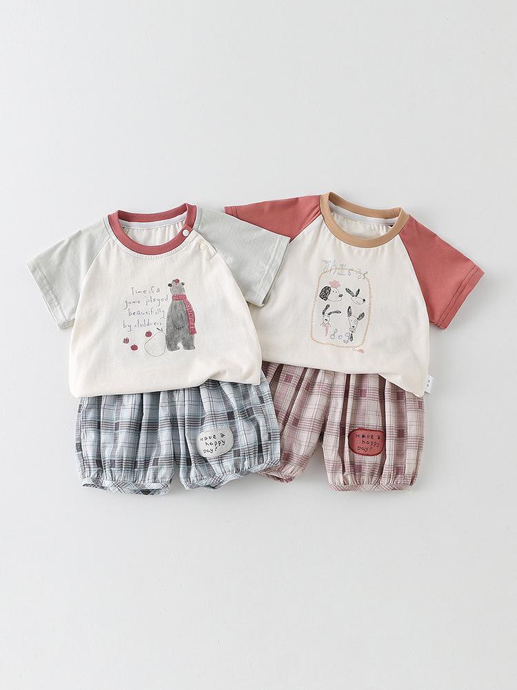 Sommer Jungen Cartoon Print Zweiteiliges Set: Kurzarm-T-Shirt & Karierte Shorts