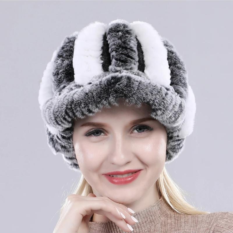 Lady Real Rex Rabbit Fur Hat Winter Knitted Natural Rex Rabbit Fur Caps Russia Women Warm Real Fur Beanies Hats
