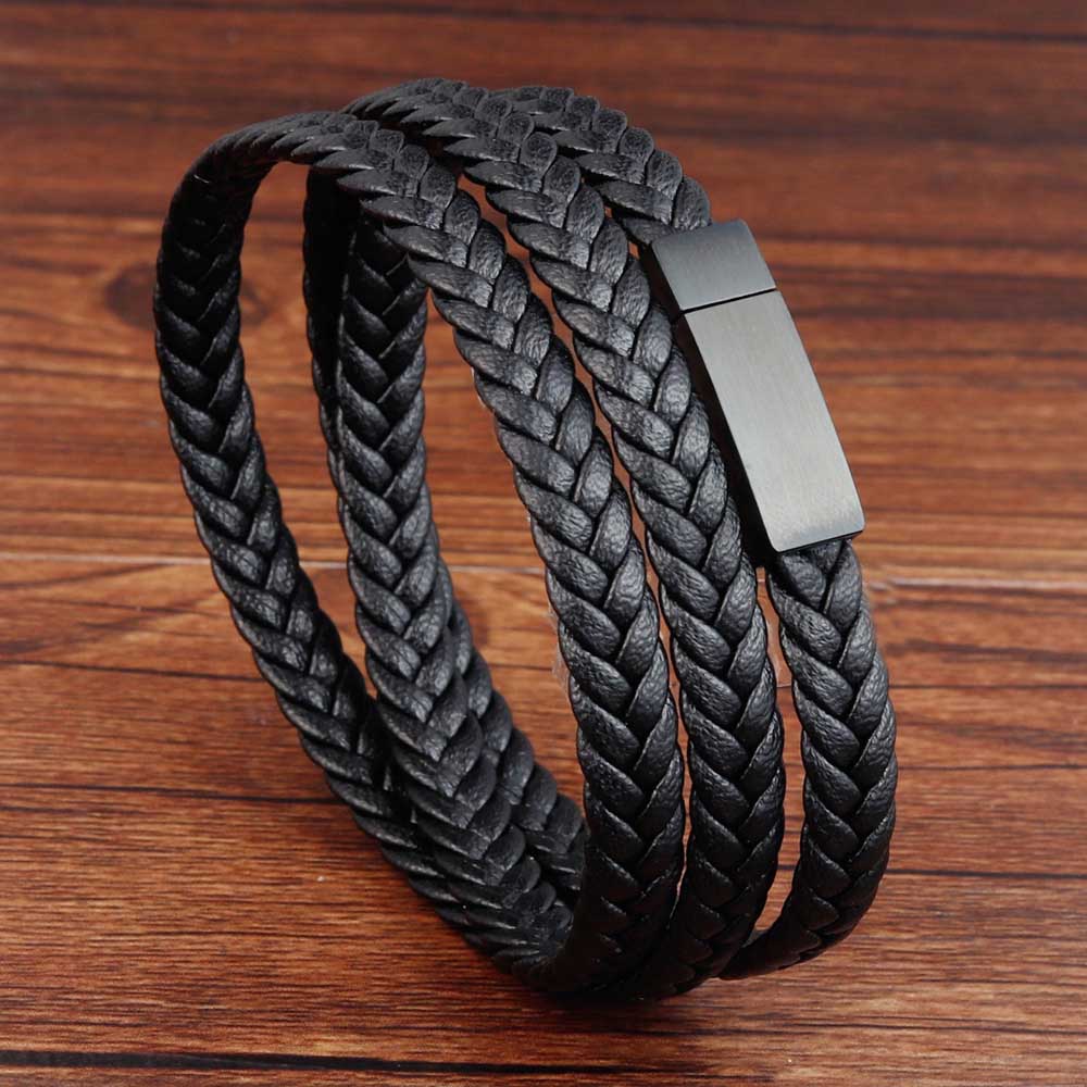 

Men Retro Braided black Leather Bracelet Punk Stainless Steel Button Bangles Male Jewelry Accessories Party Gifts 19cm