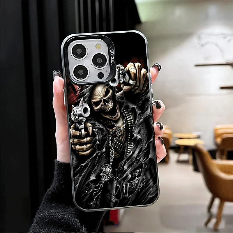 Sensemann Totenkopf Skelett Pistole Stoßfeste Handyhülle für iPhone 17 Air 16 16E 15 Pro Max 14 Plus 13 Mini 12 Rückseite Anti-Fall-Schutz