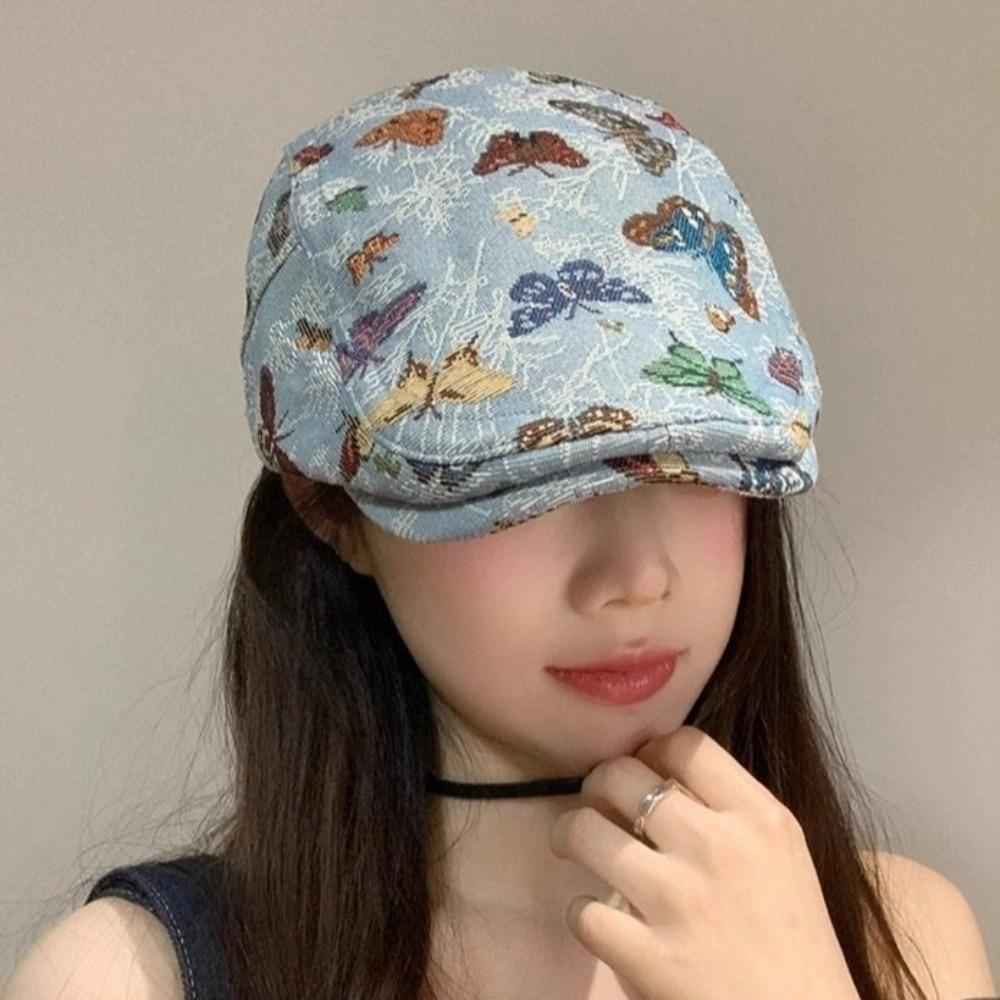 Ethnic Style Retro Newsboy Cap Reversible Design Butterfly Embroidered Beret  Women's Wear