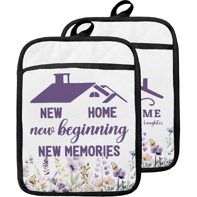 New Home Gifts Pot Holders with Pockets, Housewarming Gifts for Women Men, New Home Beginnings Memories Oven Pot Holders Heat Resistant Oven Mitts фиолетовый