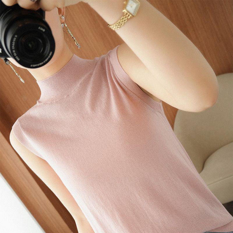 Women s Ice Silk Sleeveless High Neck Base Layer Top - Spring/Summer Thin Knit Vest T-Shirt S