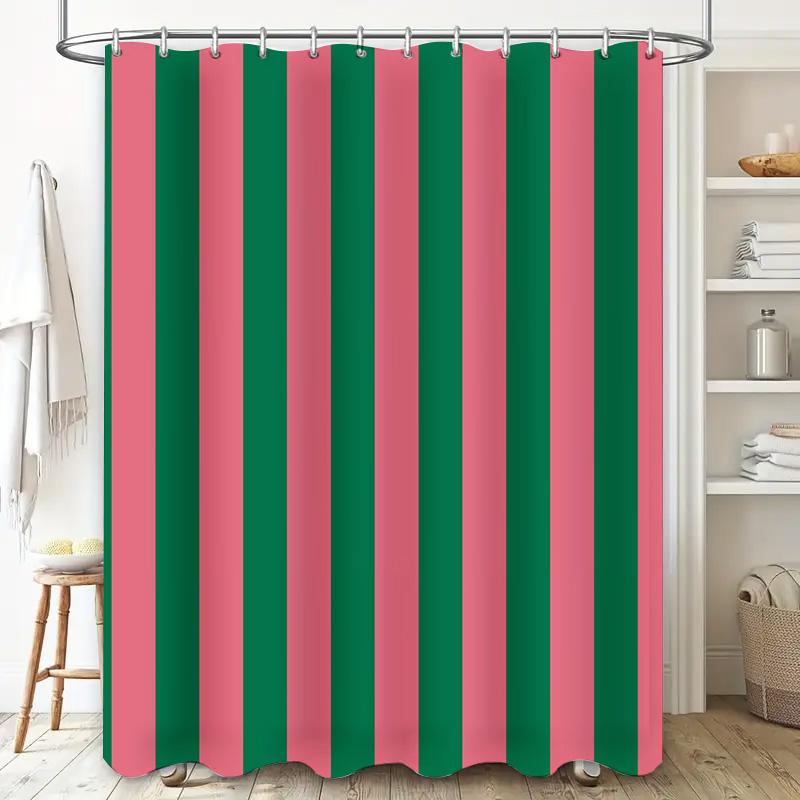 Green Pink Stripe Shower Curtain Waterproof Bath Rug Decoration Bathroom Accessory Home Decor Fabric Shower Panels XL Size (70x1