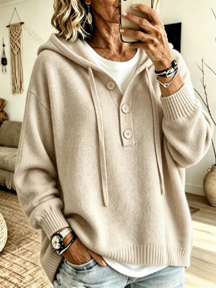 Женский hooded пуловер на пуговицах, европейский и американский стиль, 2026: Однотонный, Мягкий, Пушистый Трикотаж для Осени и Зимы