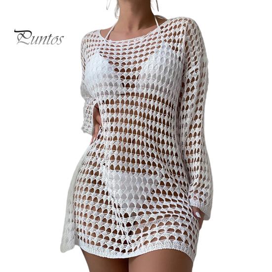 

Летнее сексуальное бикини, накидка с круглым вырезом и длинными рукавами, вязаное крючком пляжное платье, сплошной цвет, прозрачный полый купальник, накидка белый