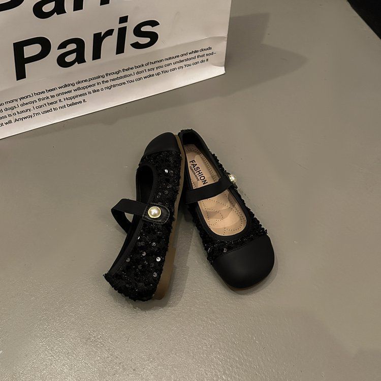 Women's Flat Shoes Black Round Toe Sequins Ladies Footwear Low Heel Elegant Slip on 2025 Summer Fashionable Korean Style Popular