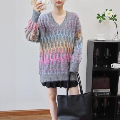 Gentle Wind Gradual Change Sweater Pullover Autumn and Winter New Medium and Long V-neck Loose Knitted Sweater Top Women