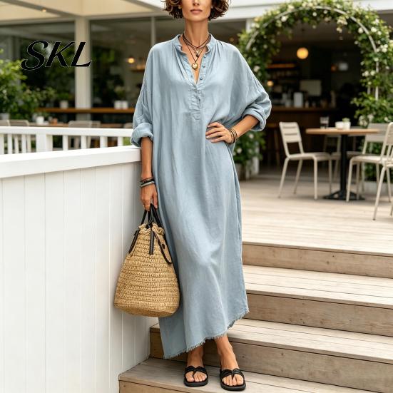 Casual Dress Summer Maxi for Women, V-Neck Oversized Boho Long Women Dress, Sleeve Button Up Vacation Sundress with Pockets Party