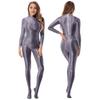 Lady Glossy Bodystocking Stretchy Sexy Full Bodysuit Long Sleeve Jumpsuit with Zipper Shiny Smooth Leotard Catsuit for Dance Practice Club Pole Dance