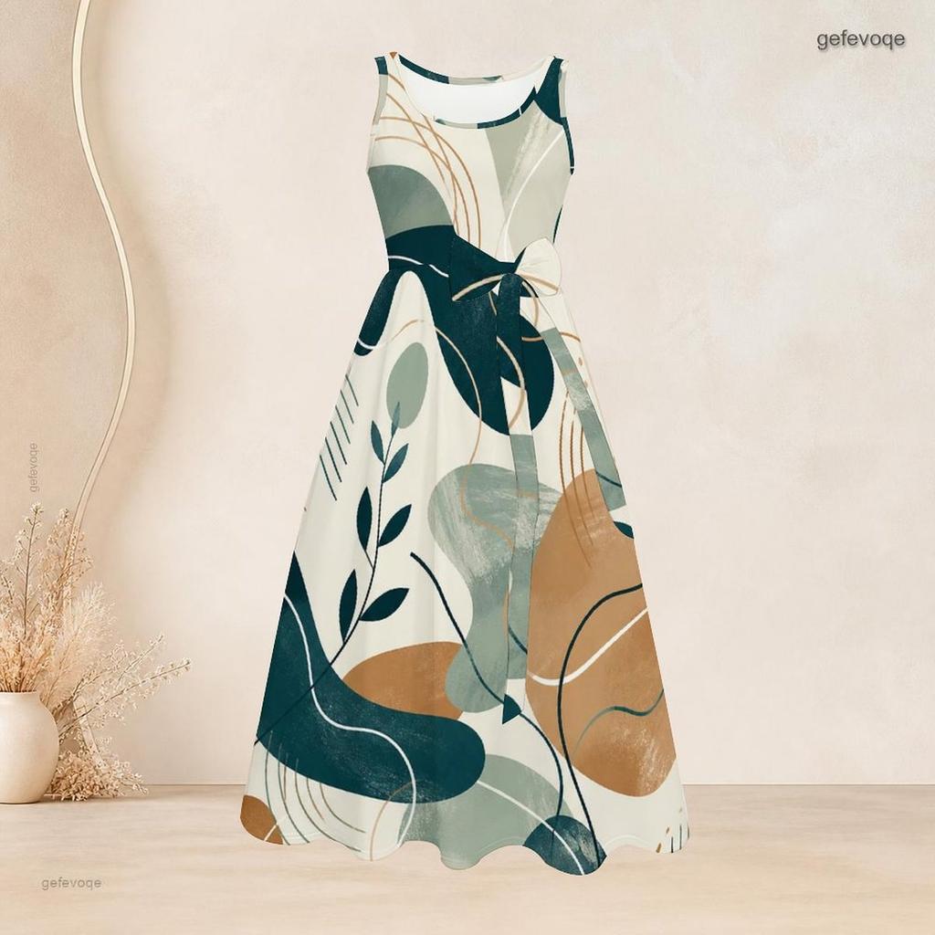 Women Plus Size Round Neck Sleeveless Abstract Printed Tie Waist A Line Long Dress