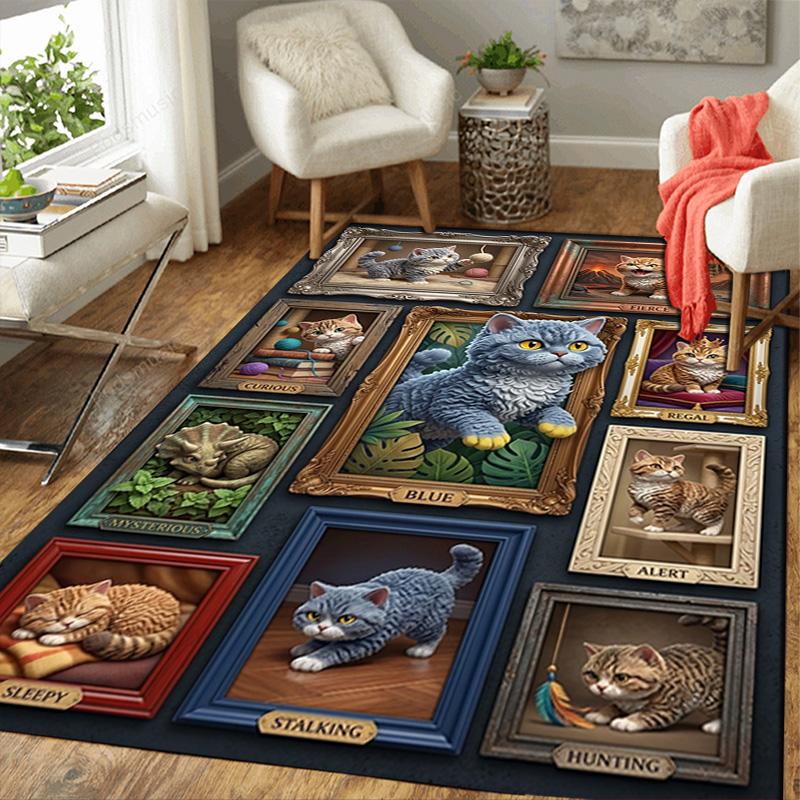 Feline Portraits Pattern Rug Floor Mat for Living Room or Bedroom Soft and Comfortable Carpet a Gift for Birthday and Holiday.