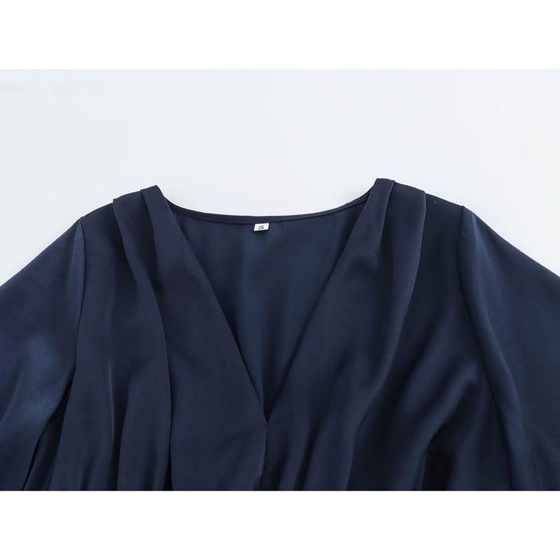 Kaslead New Arrival Women's Clothing Fashion Style Fashion Minimalist Satin V Neck Waist-Tight Puff Sleeve Dress