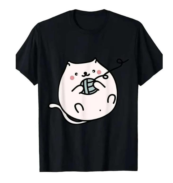 Cute Cat Playing Yarn Ball Shortsleeved Printed Tshirt Top Unisex Kawaii Kitten Cartoon Graphic Casual Streetwear for Women