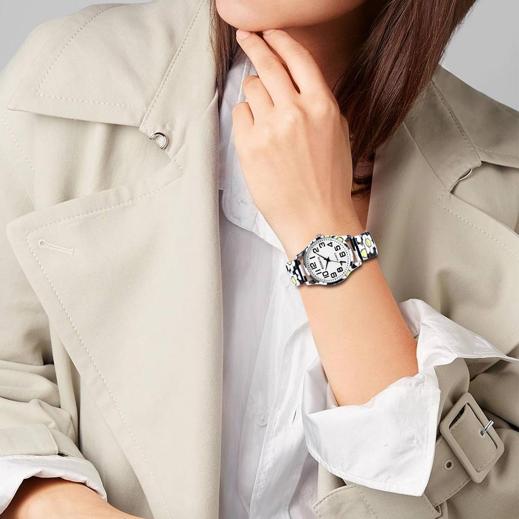 Women's Chrysanthemum Floral Print Watch, Waterproof: Analog Display, One Size Fits Most, Stretchable Stainless Steel Strap, Floral Dial, Cute and