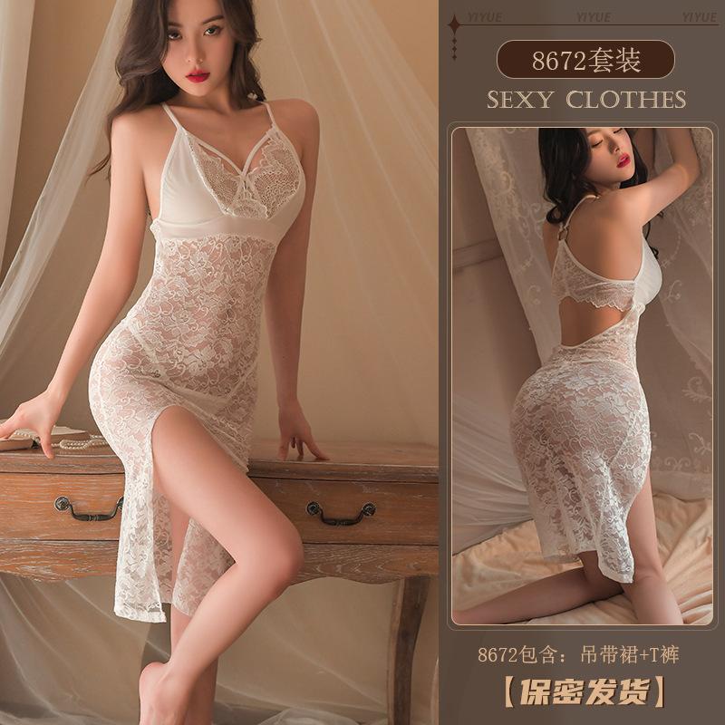 Erotic Underwear, Sexy lace Long Dress, Hot halter cutout uniform, Passionate See-through pajamas wholesale 8672
