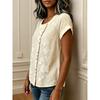 Women Light Blue Floral Embroidery Round Neck Full Button Roll Cuff Short Sleeve Loose Casual Blouse