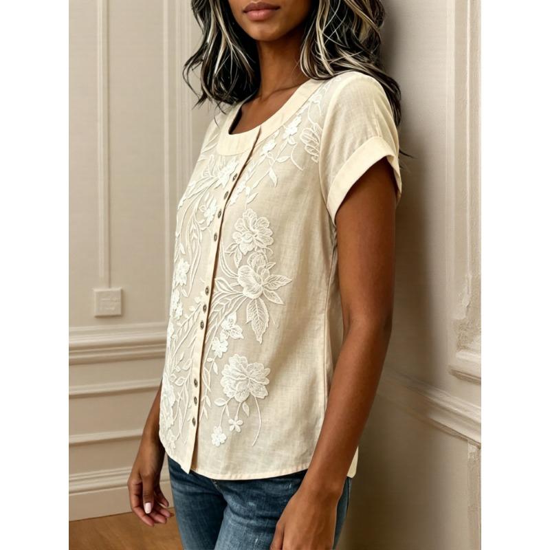 Women Light Blue Floral Embroidery Round Neck Full Button Roll Cuff Short Sleeve Loose Casual Blouse