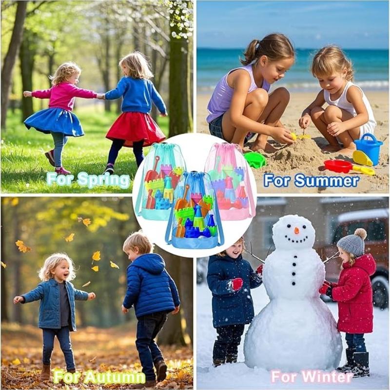 Mesh Drawstring Beach Toy Bag Sand Resistant Kids Backpack Portable Shell Collecting Pouch for Sandbox Seashell & Beach Travel