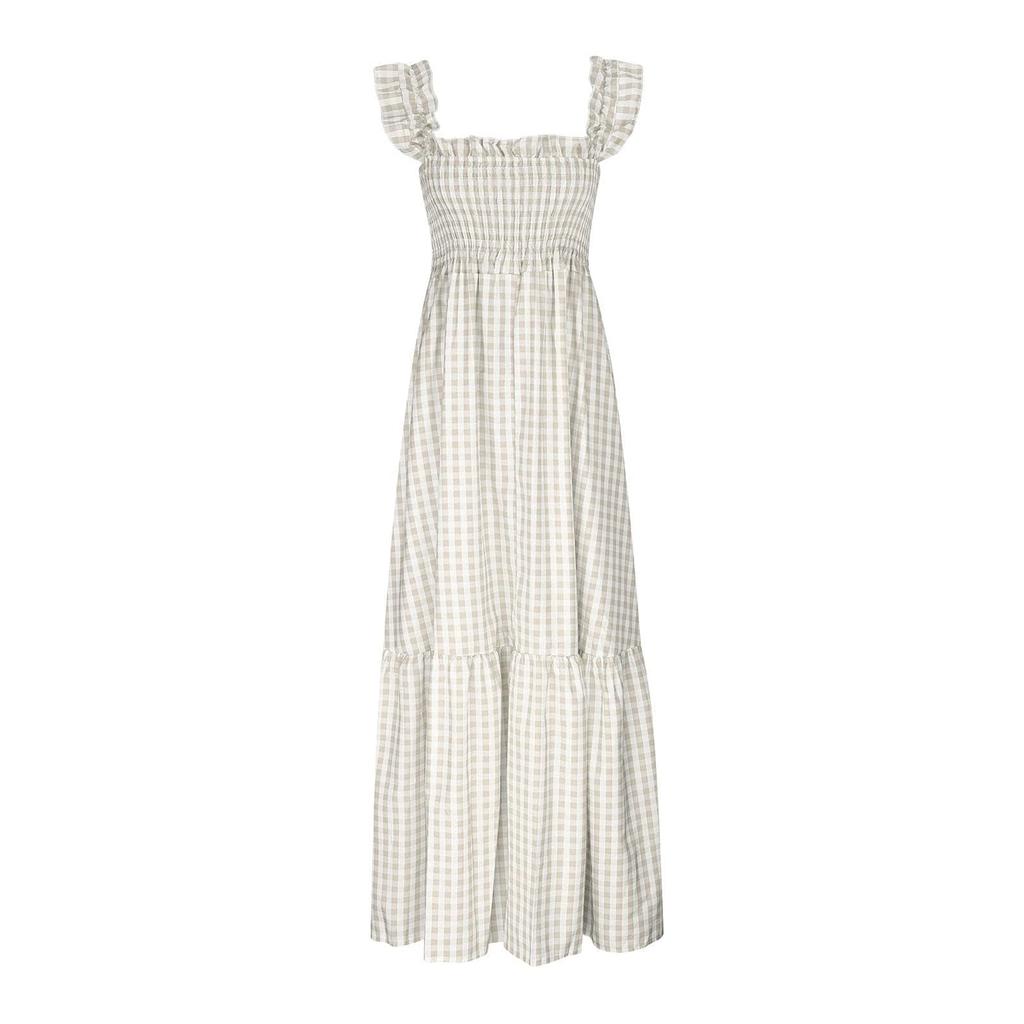 Women’s Gingham Print Smocked Waist Maxi Dress Sleeveless Ruffle Shoulder Square Neck Casual Long Dress