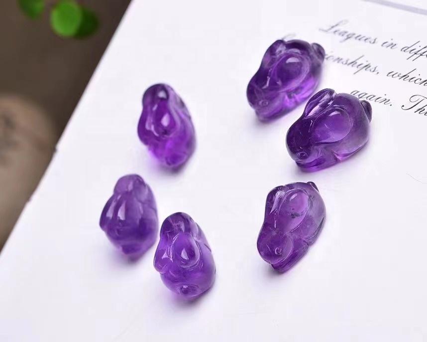 Natural Quartz Healing Crystal Cartoon Animal Figurine Carvings Dark Amethyst Rabbit Bunny for Pendant