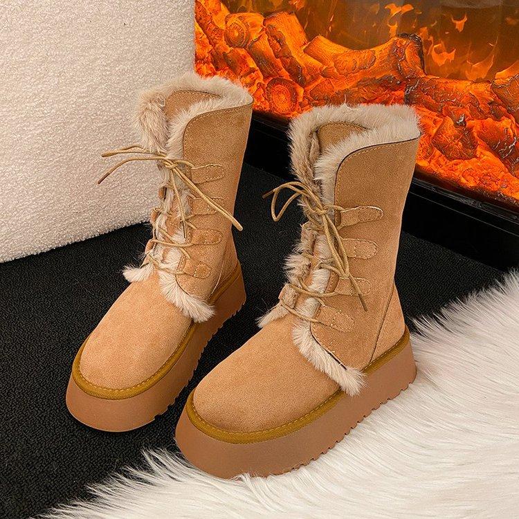 Cowhide version snow boots women's 2025 winter new fluffy boots thickened snow cotton thick-soled velvet thermal cotton shoes
